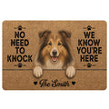 Sheltie doormat with a smiling dog portrait, paw prints, warm brown artwork, and a welcoming entryway message