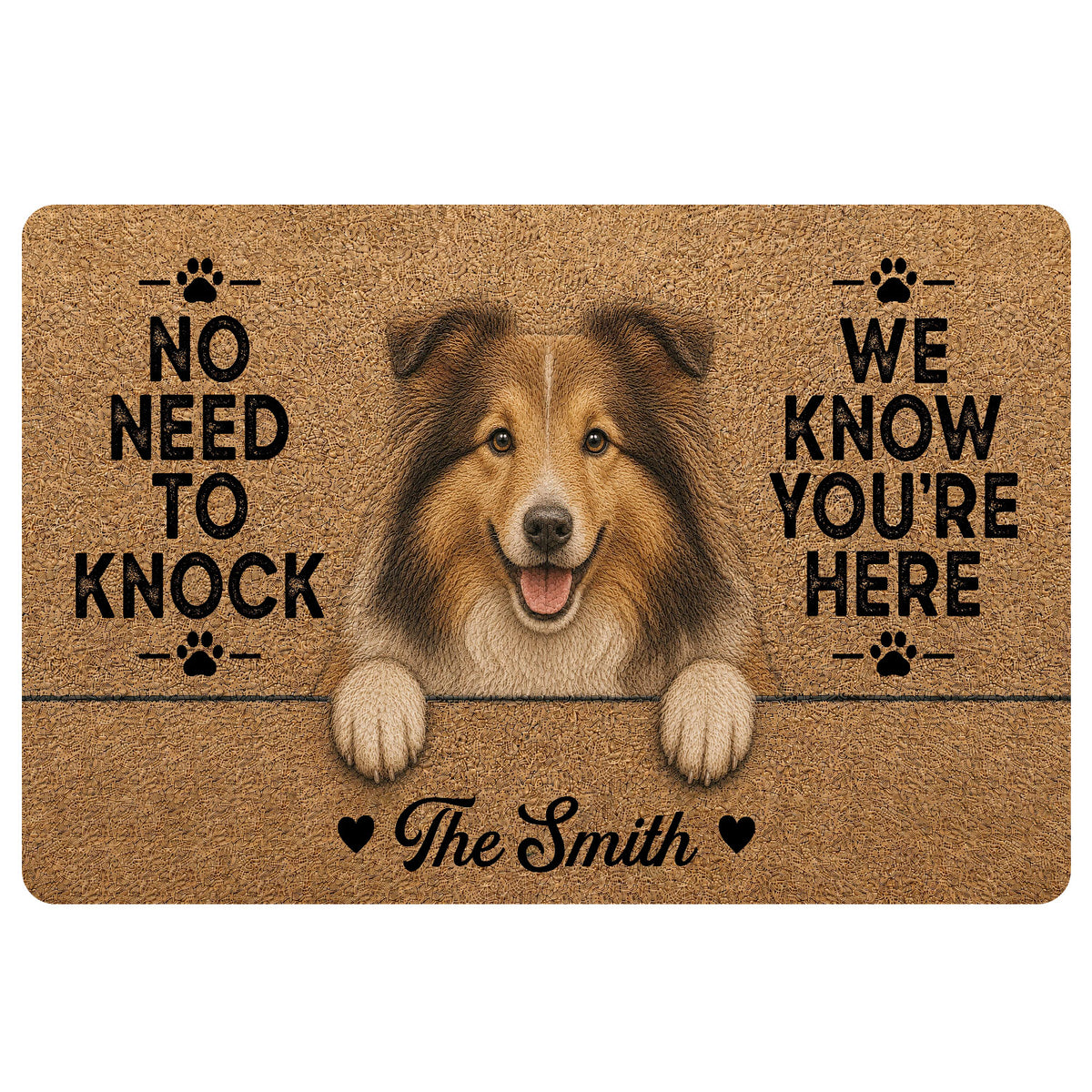 Sheltie doormat with a smiling dog portrait, paw prints, warm brown artwork, and a welcoming entryway message