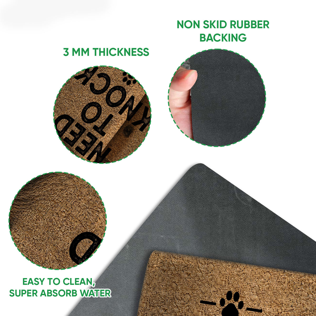 Close-up detail of the Sheltie doormat surface and dark rubber backing with rounded edge construction