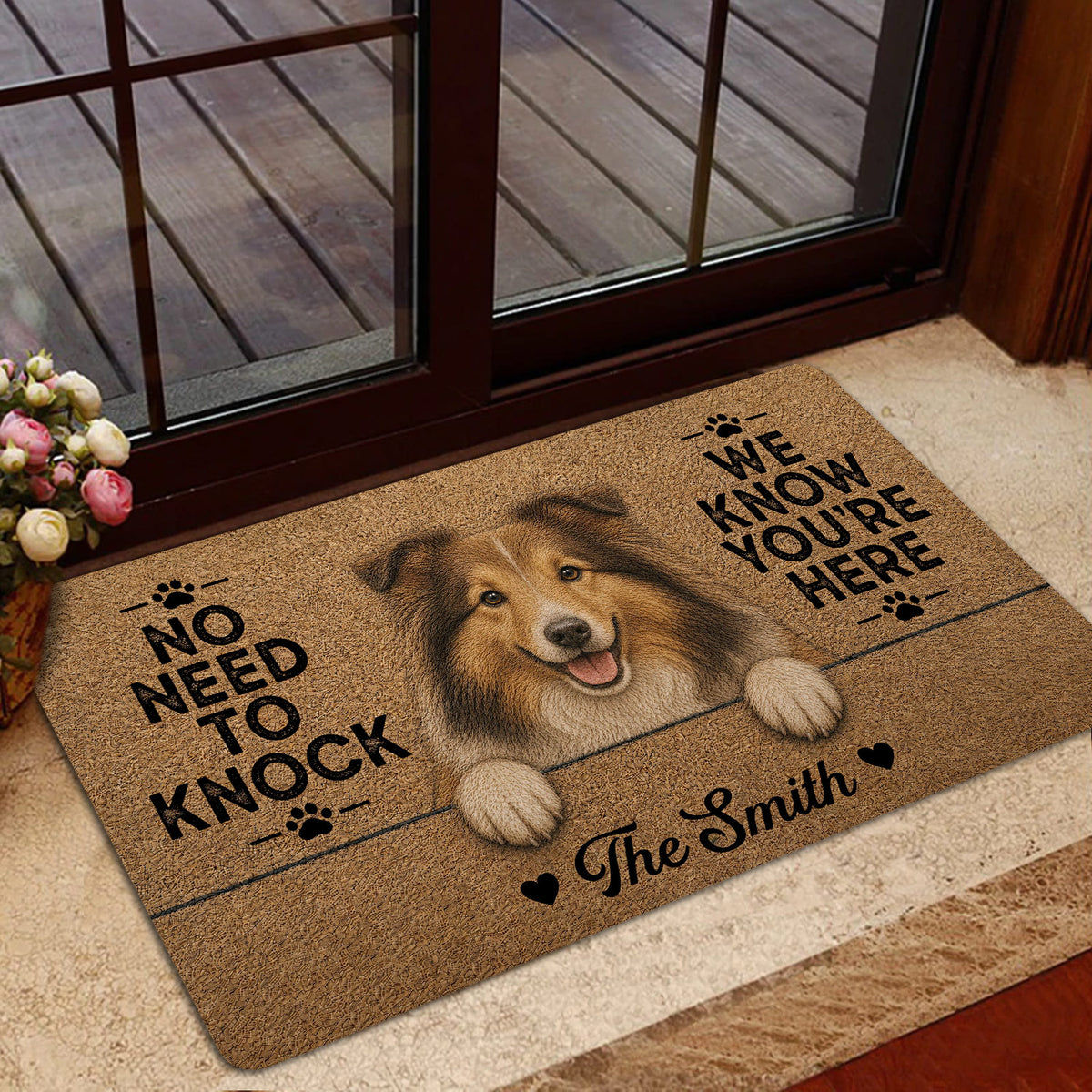 Sheltie doormat styled inside a glass door entryway with a cheerful dog portrait and welcoming paw-print design