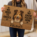Person holding a Sheltie doormat showing a smiling dog portrait, paw prints, warm brown artwork, and entryway lettering
