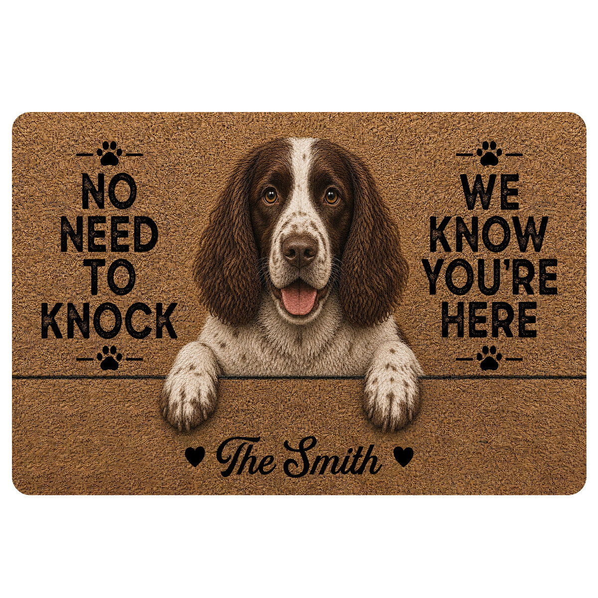 English Springer Spaniel doormat with paw prints, warm brown artwork, and a playful welcome message