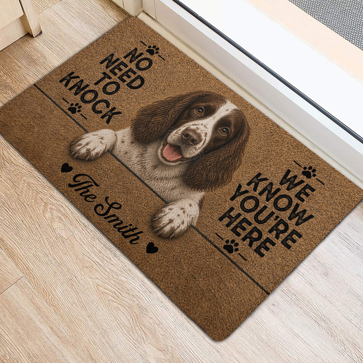 English Springer Spaniel rug placed near a doorway with a brown and cream dog portrait design