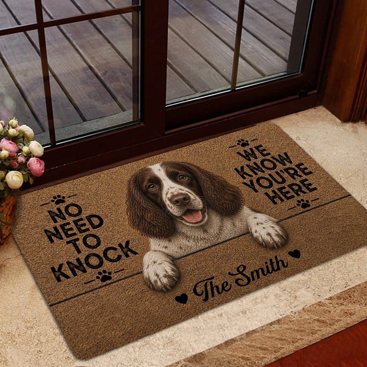 English Springer Spaniel doormat styled in a home entrance beside a glass door