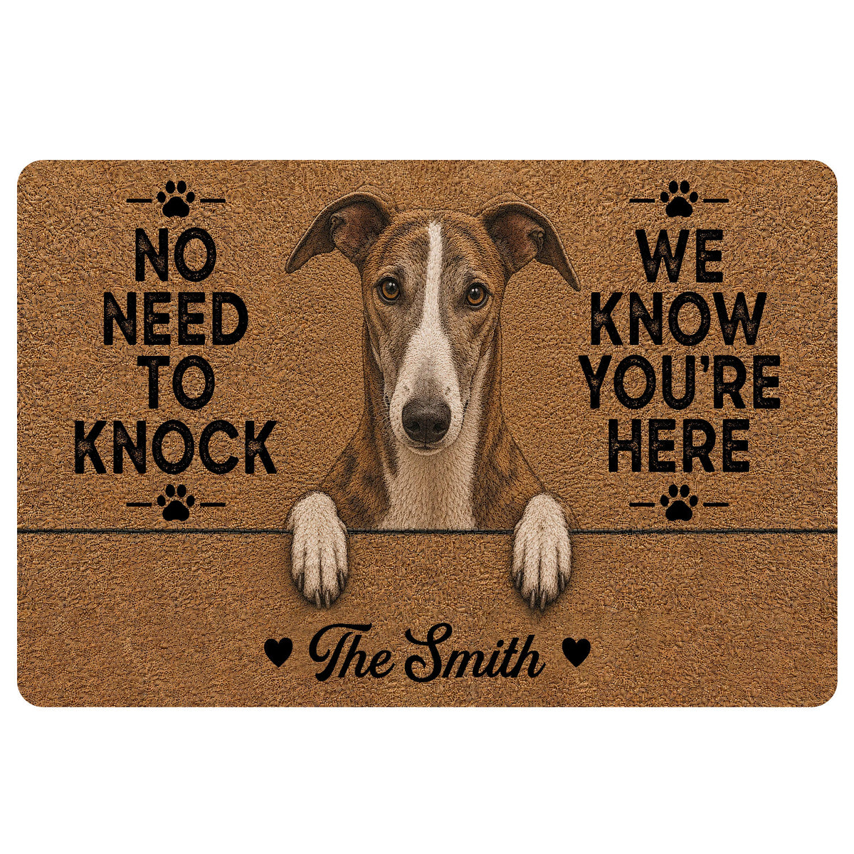 Greyhound doormat with a realistic dog portrait, paw prints and bold welcome message