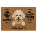 Bichon Frise doormat with a cheerful fluffy dog portrait, paw prints, welcome message and warm brown background