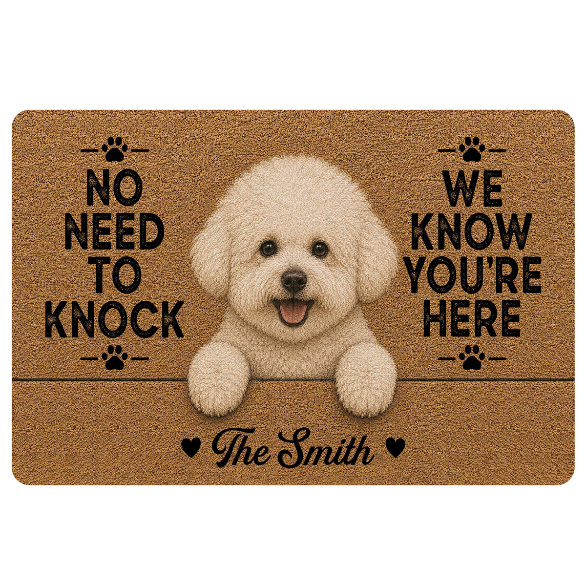 Bichon Frise doormat with a cheerful fluffy dog portrait, paw prints, welcome message and warm brown background