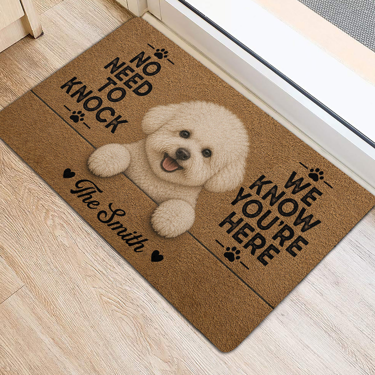 Bichon Frise door mat styled near a bright entryway with paw prints and a playful welcome message
