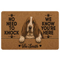 Basset Hound doormat with a realistic floppy-eared dog portrait, paw prints, and playful entryway lettering