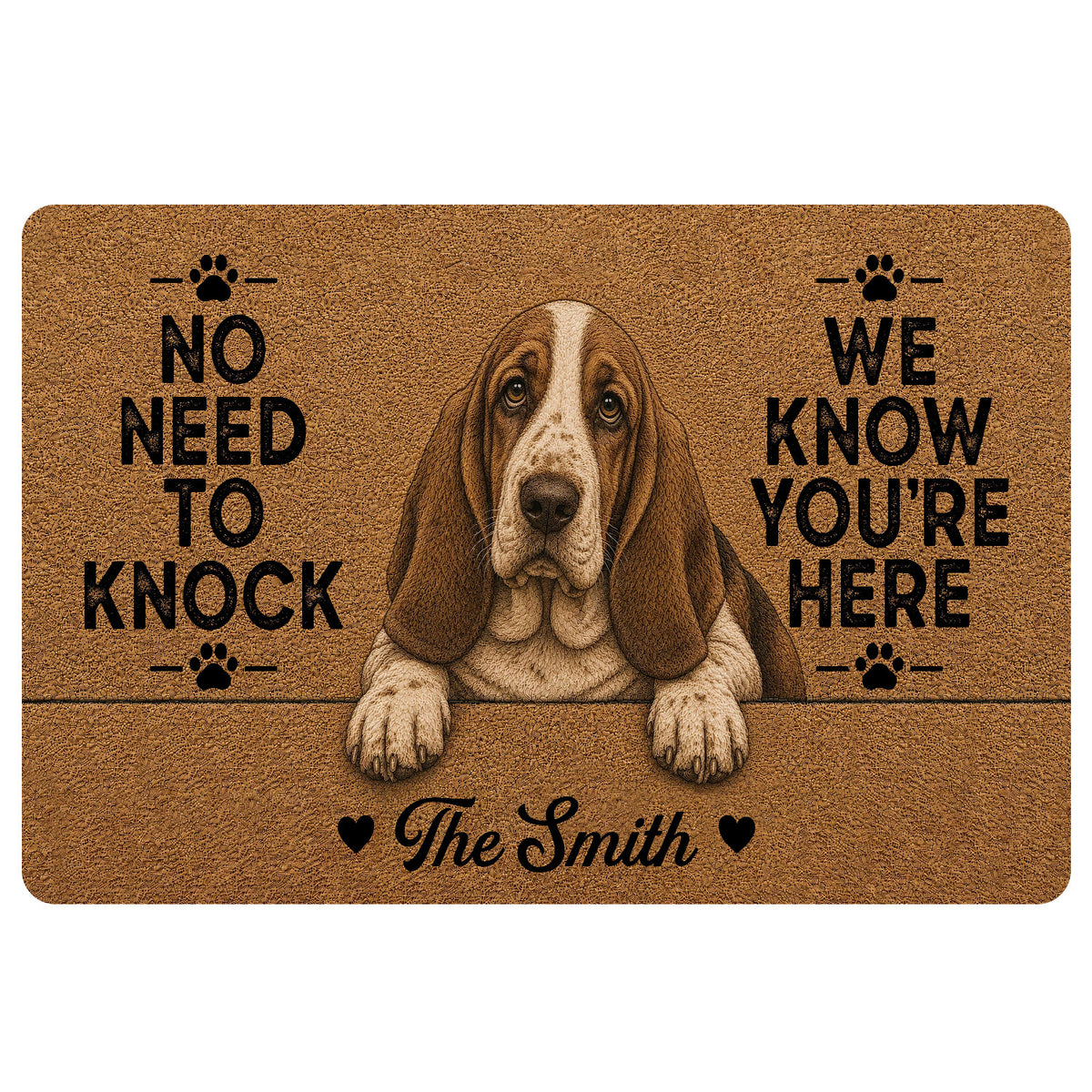 Basset Hound doormat with a realistic floppy-eared dog portrait, paw prints, and playful entryway lettering