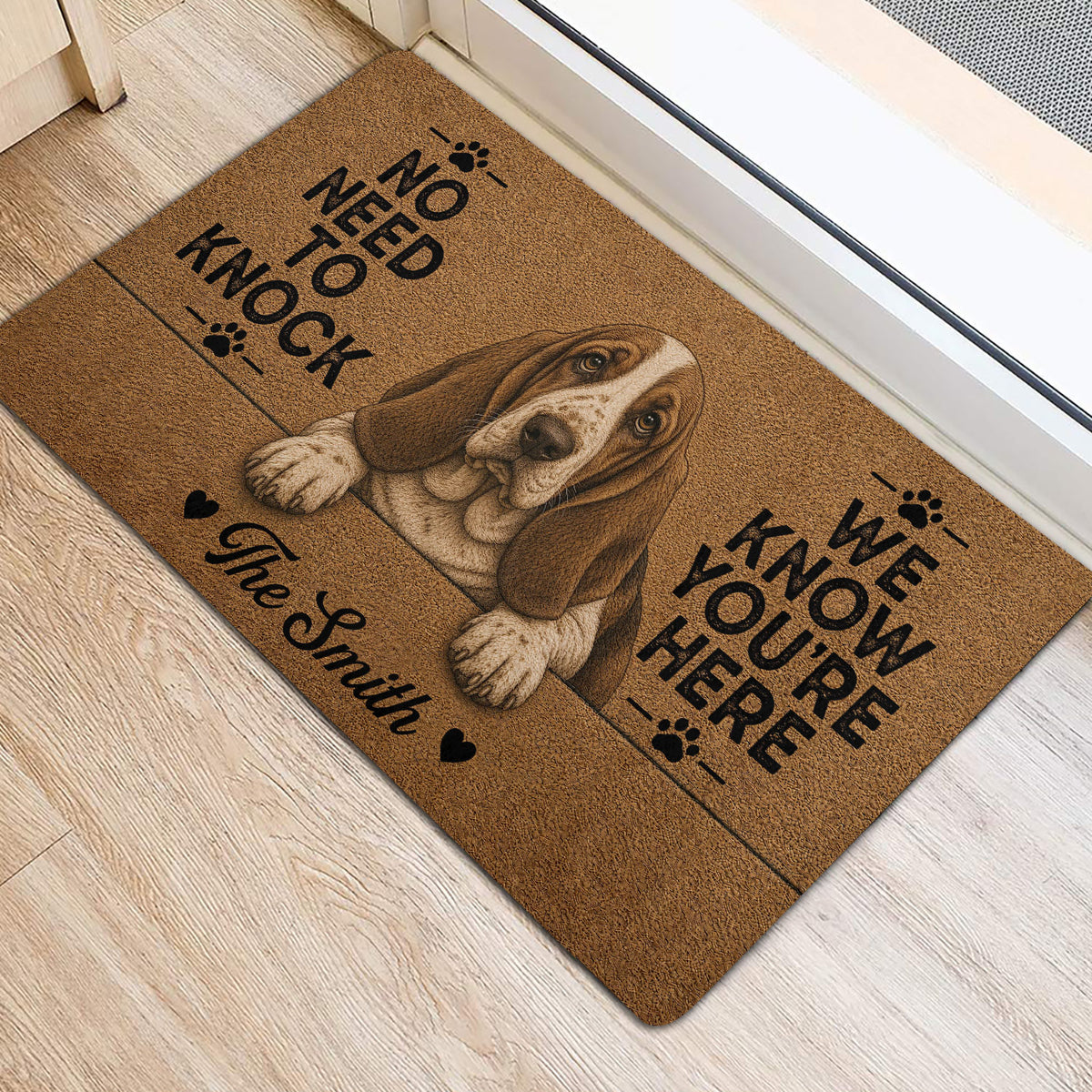 Basset Hound door mat styled at an entrance with a realistic dog portrait and paw print accents