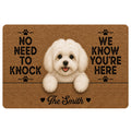 Maltese doormat featuring a cheerful white dog, paw prints, warm brown texture, and playful entryway lettering