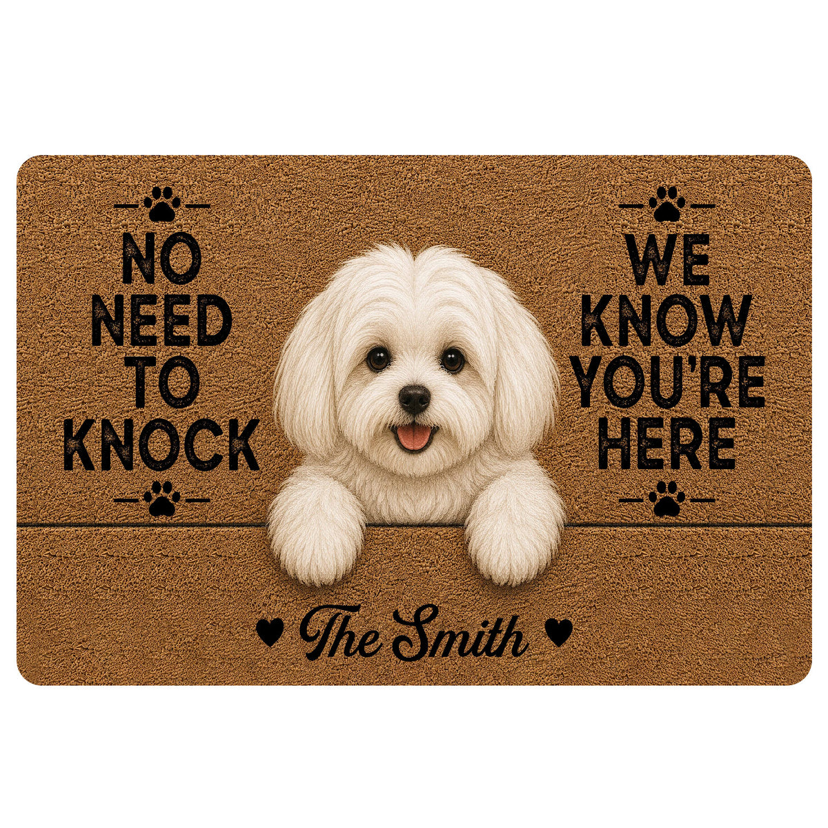 Maltese doormat featuring a cheerful white dog, paw prints, warm brown texture, and playful entryway lettering