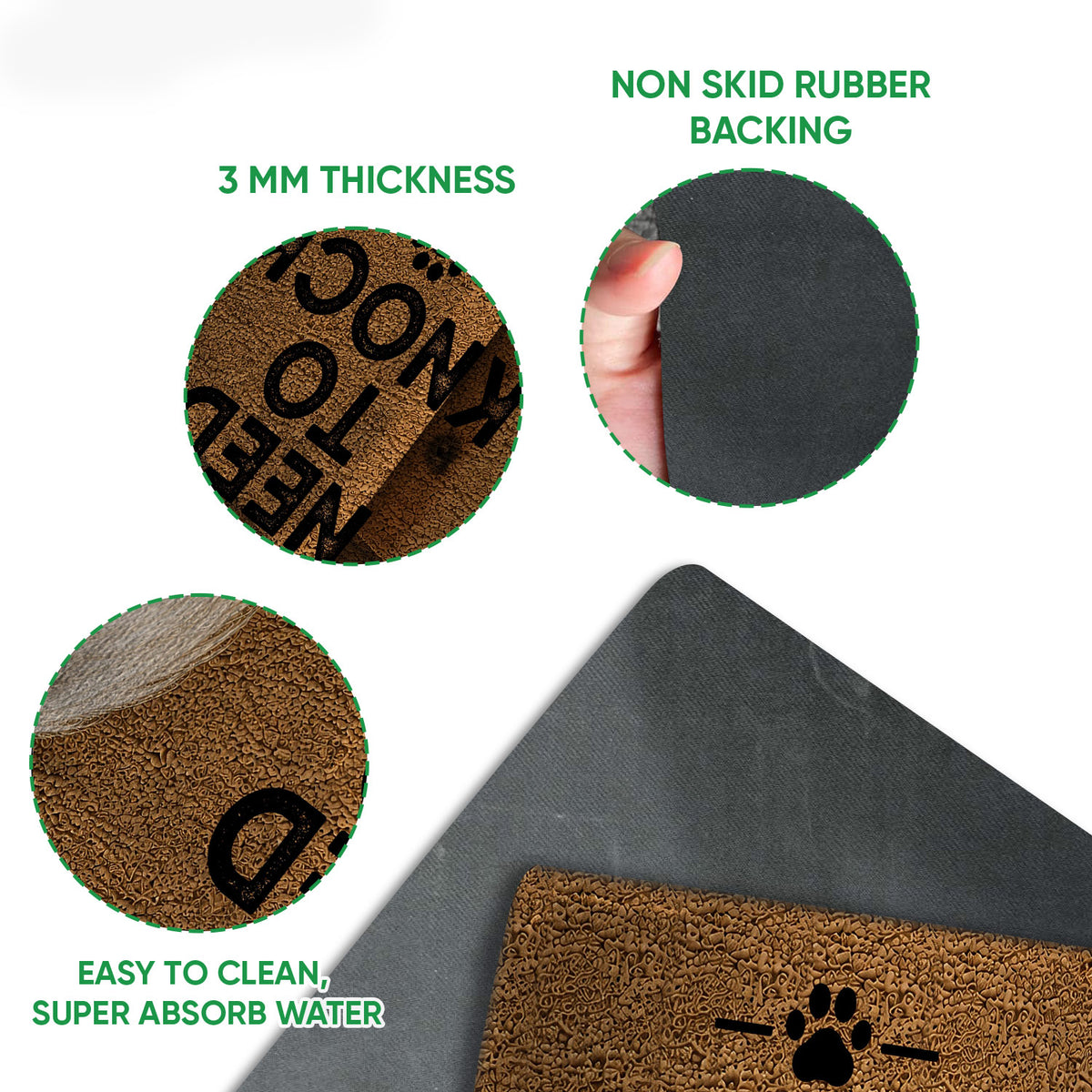 Close-up product feature view showing the textured printed top, rubber backing, and Maltese dog artwork