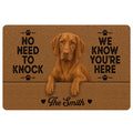 Brown Vizsla dog doormat with paw prints and welcoming entryway message
