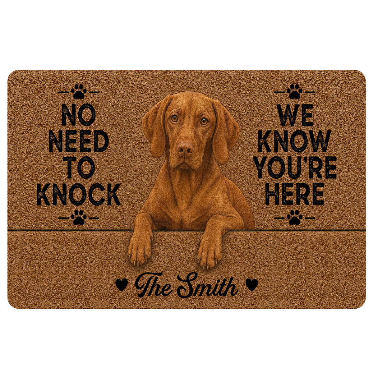 Brown Vizsla dog doormat with paw prints and welcoming entryway message
