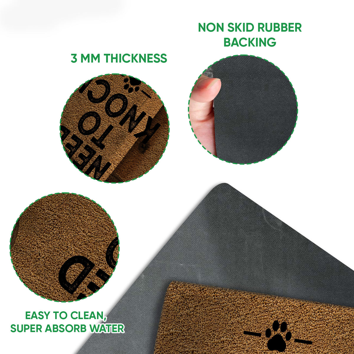 Close-up of German Shorthaired Pointer doormat artwork beside its black rubber backing and easy-clean surface.