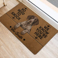 German Shorthaired Pointer door mat shown at an entrance, featuring a realistic dog portrait and bold black lettering.