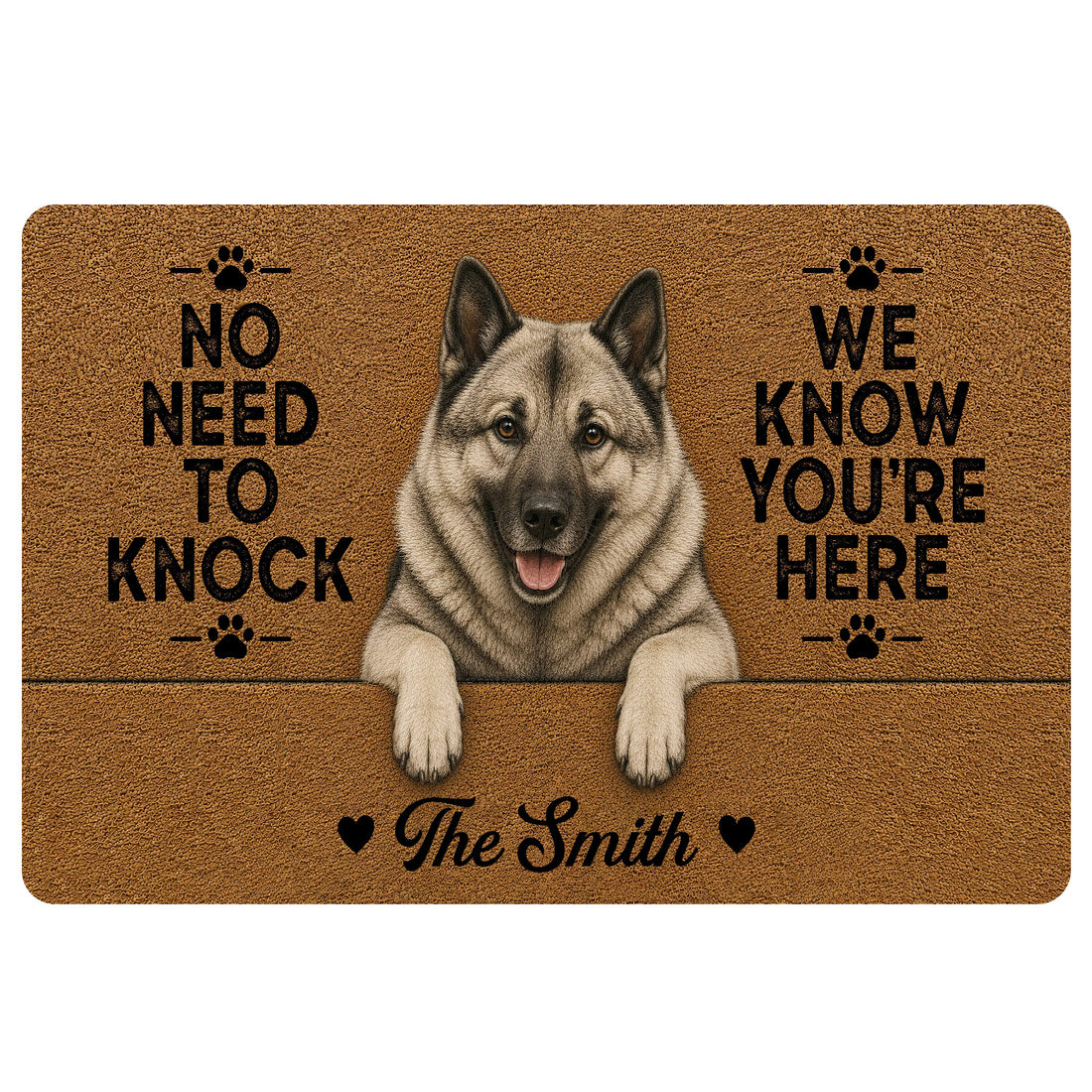 Norwegian Elkhound doormat with a realistic gray dog portrait, paw prints, and warm brown entryway artwork