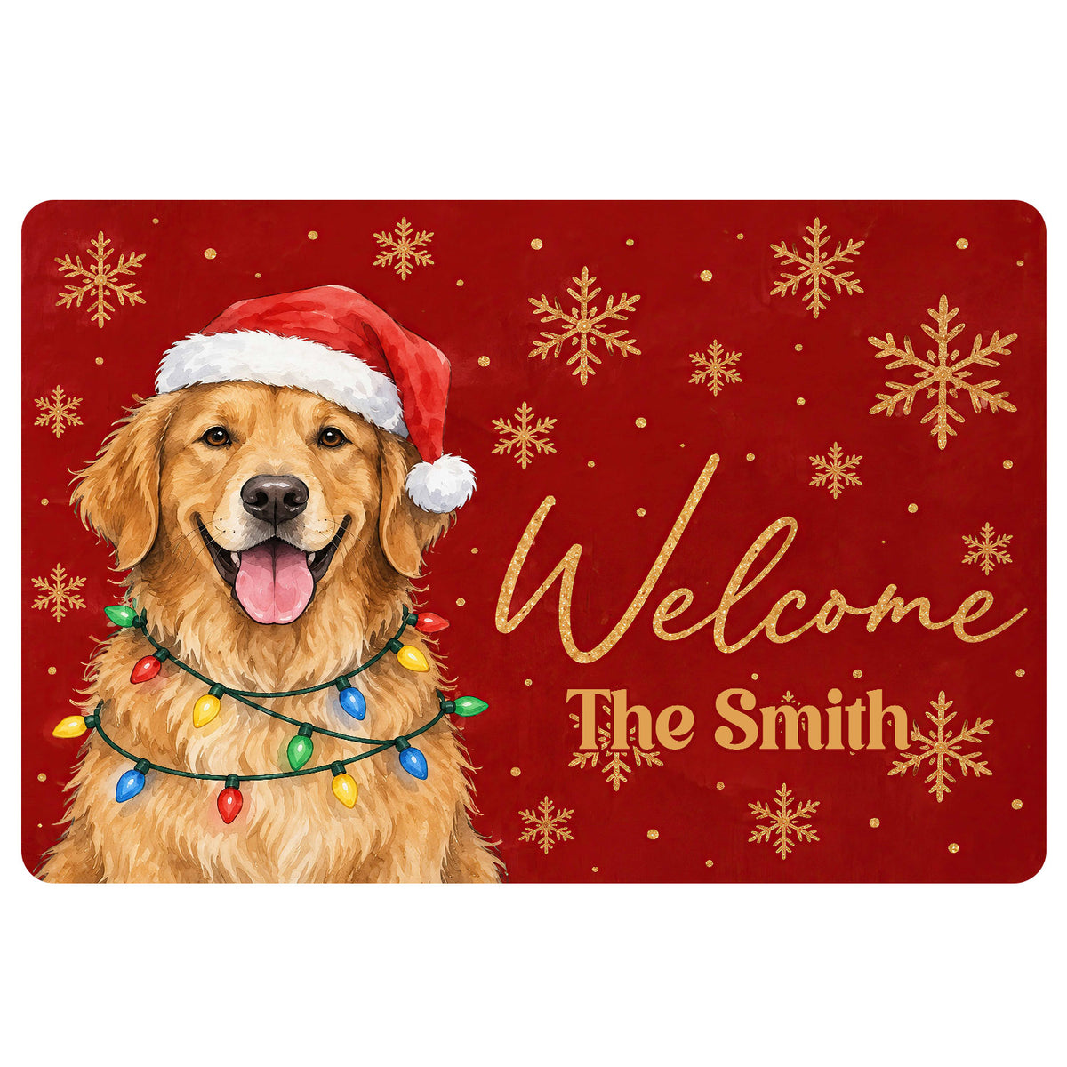 Golden retriever wearing a Santa hat and Christmas lights on a red snowflake doormat