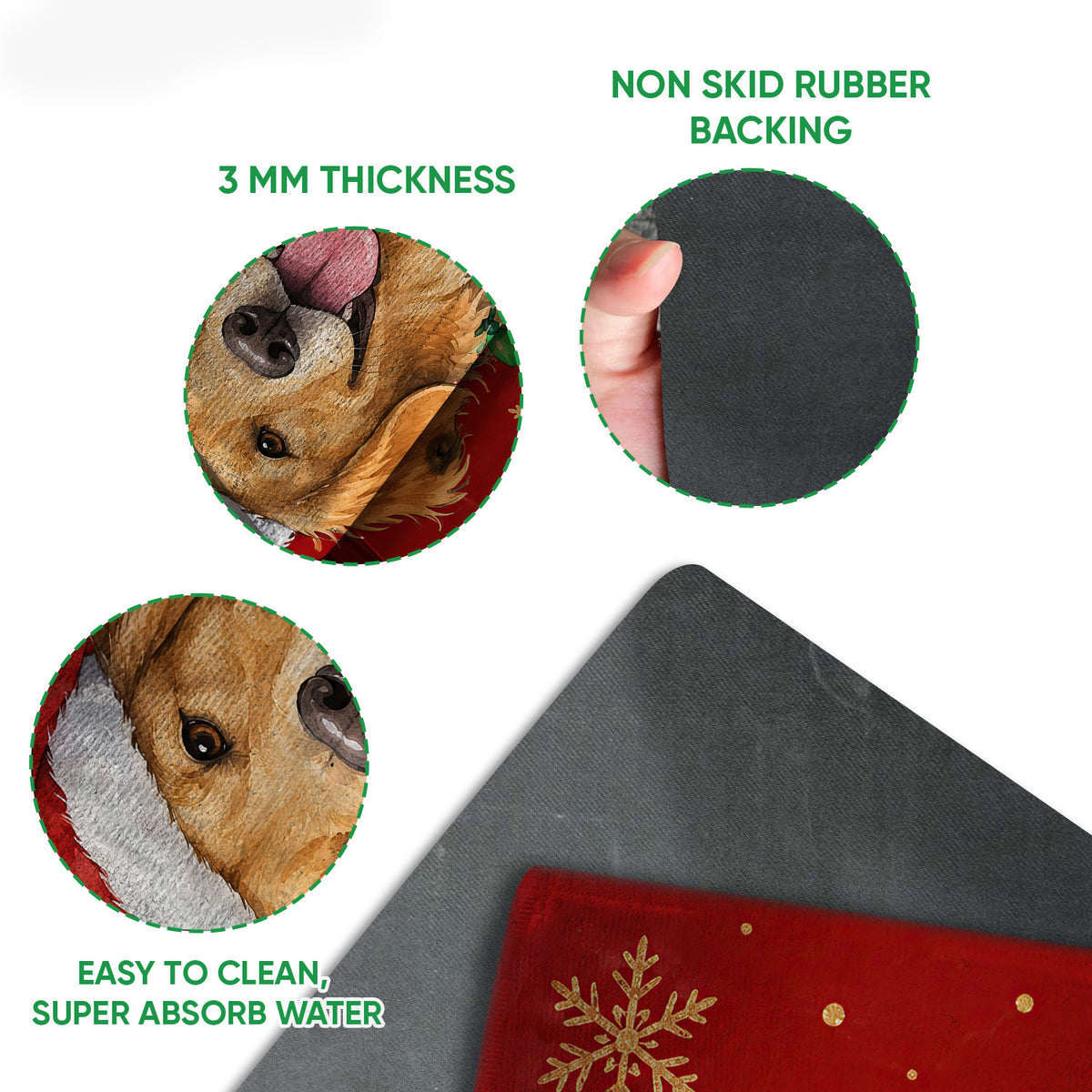 Close-up detail of golden retriever Christmas doormat surface and rubber backing