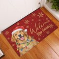 Golden retriever Christmas doormat displayed at an indoor entryway