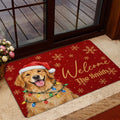 Golden retriever Christmas entryway rug displayed near a glass door