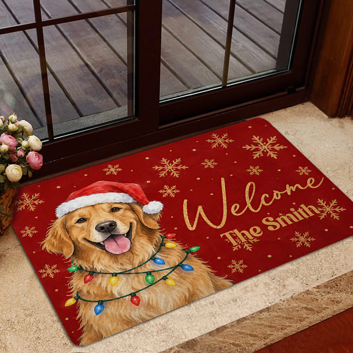 Golden retriever Christmas entryway rug displayed near a glass door