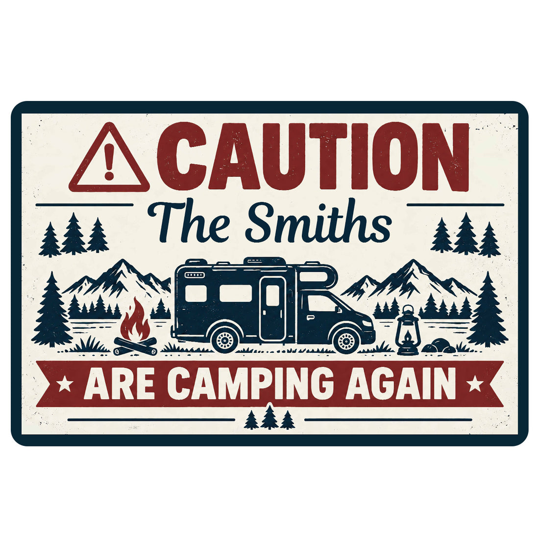 Vintage camping doormat featuring an RV, mountain landscape, pine trees, campfire and bold red and navy artwork
