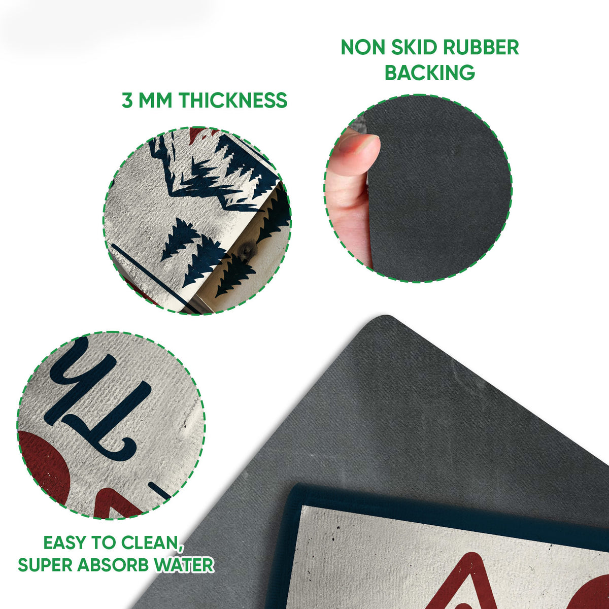 Close-up detail of the camping doormat showing the printed felt surface and dark rubber grip backing