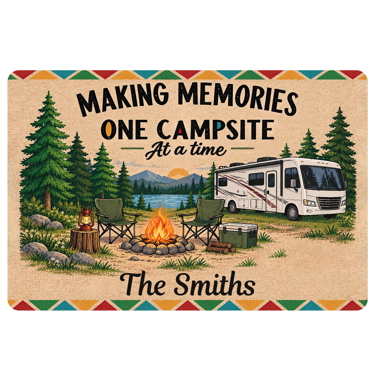 Camping doormat with a lakeside RV campsite, campfire, pine trees, mountains, and colorful geometric border