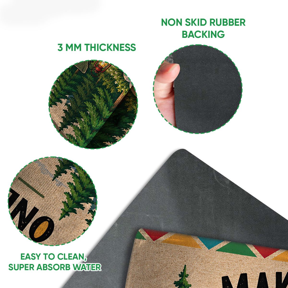 Close-up view of a camping doormat showing the printed felt surface and dark rubber backing