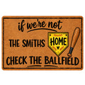 Softball doormat with a bat, home plate graphic, ballfield message, and warm brown textured background
