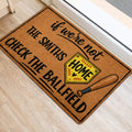 Softball-themed entryway rug featuring a bat, home plate, and bold black lettering