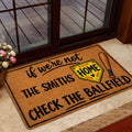 Softball doormat styled in a home entrance near a glass door with a playful ballfield design
