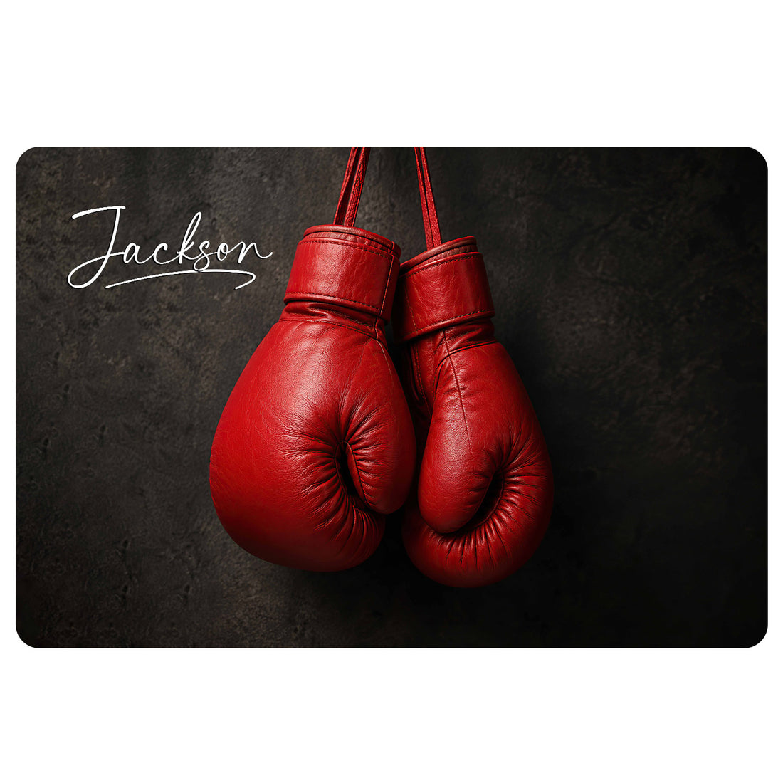 Red boxing gloves on a dark textured background with a script personalization example