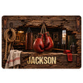 Boxing doormat design with red gloves, punching bag, rustic wood frame, boxing gym scene, and bold lettering