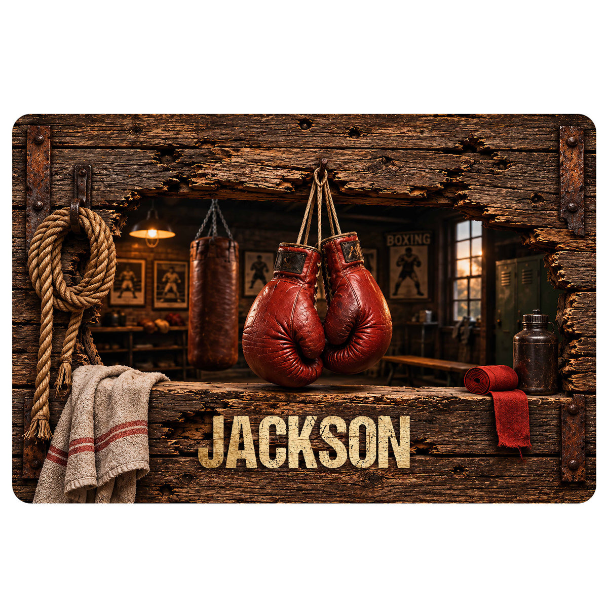 Boxing doormat design with red gloves, punching bag, rustic wood frame, boxing gym scene, and bold lettering
