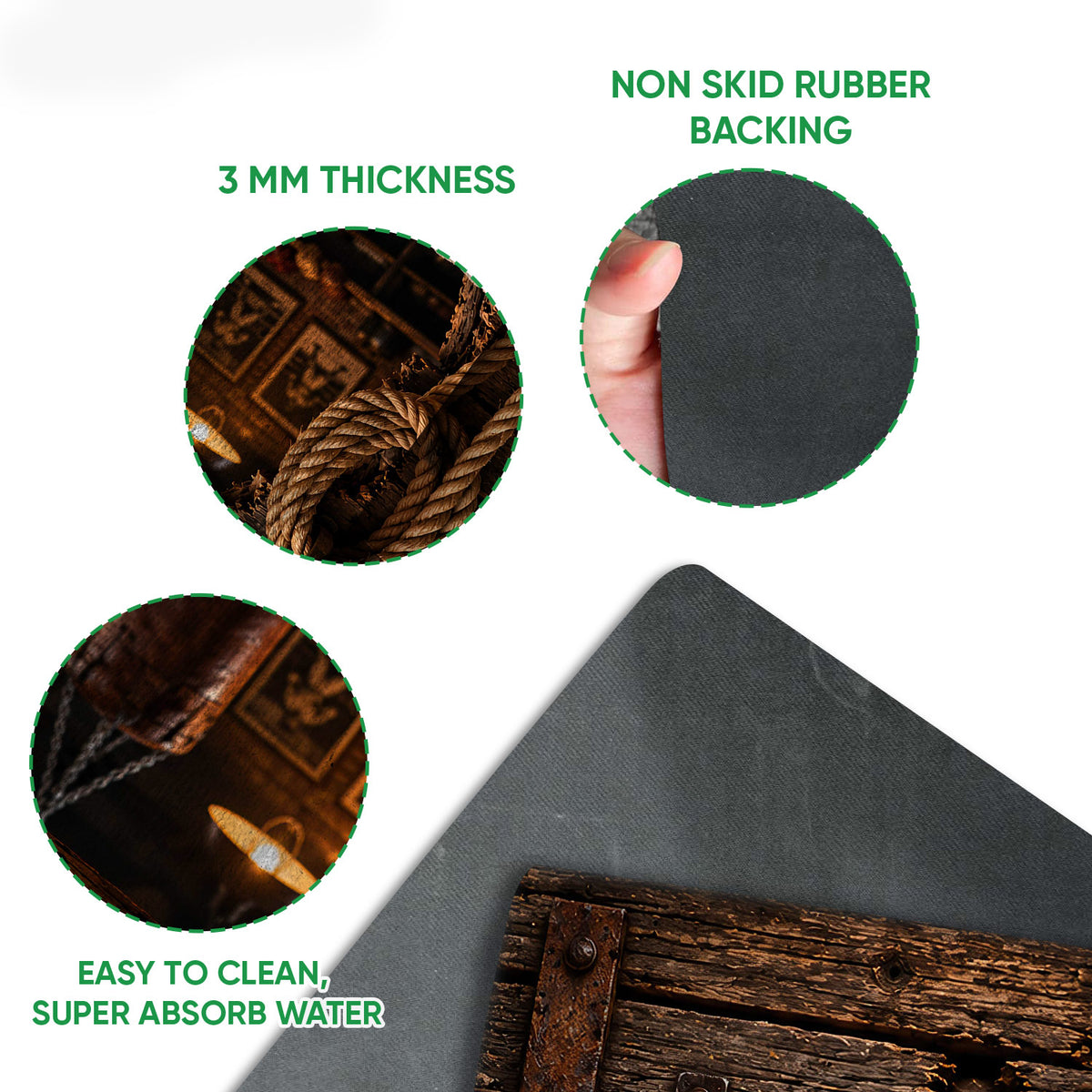 Close-up detail of boxing doormat artwork with rustic wood texture and visible rubber backing feature