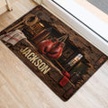 Boxing door mat styled at an entrance with red gloves, punching bag, rope, and vintage wood gym imagery