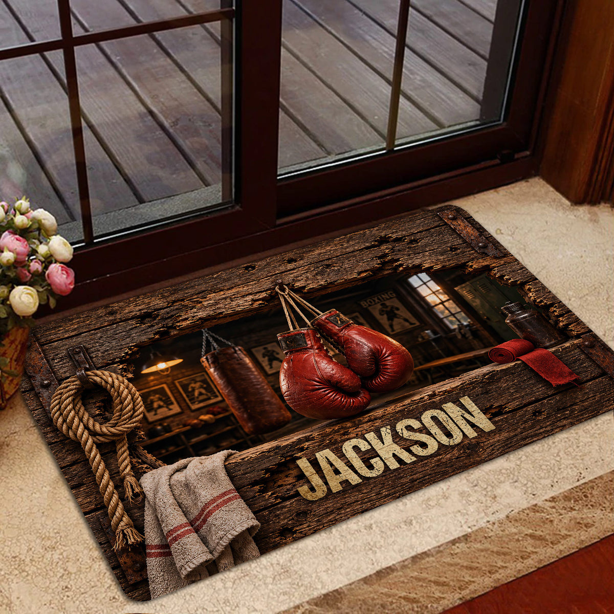 Boxing doormat placed by a glass door, showing red gloves, gym equipment, rope, and rustic entryway styling