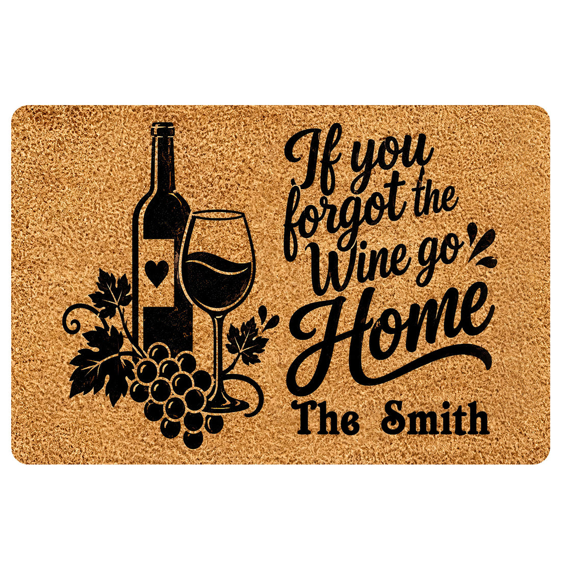 Wine-themed doormat with a bottle, wine glass, grapes, and black welcoming script artwork