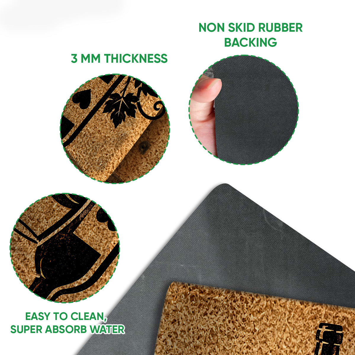 Close-up view of wine artwork on the mat with a visible black rubber backing and edge detail