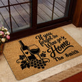 Wine doormat styled at a home entrance with bottle, glass, grape, and welcoming design