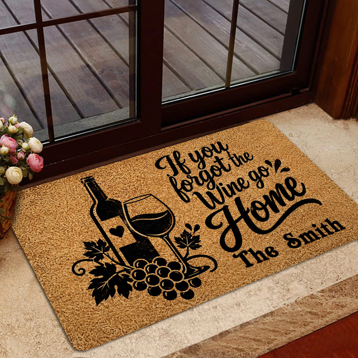 Wine doormat styled at a home entrance with bottle, glass, grape, and welcoming design