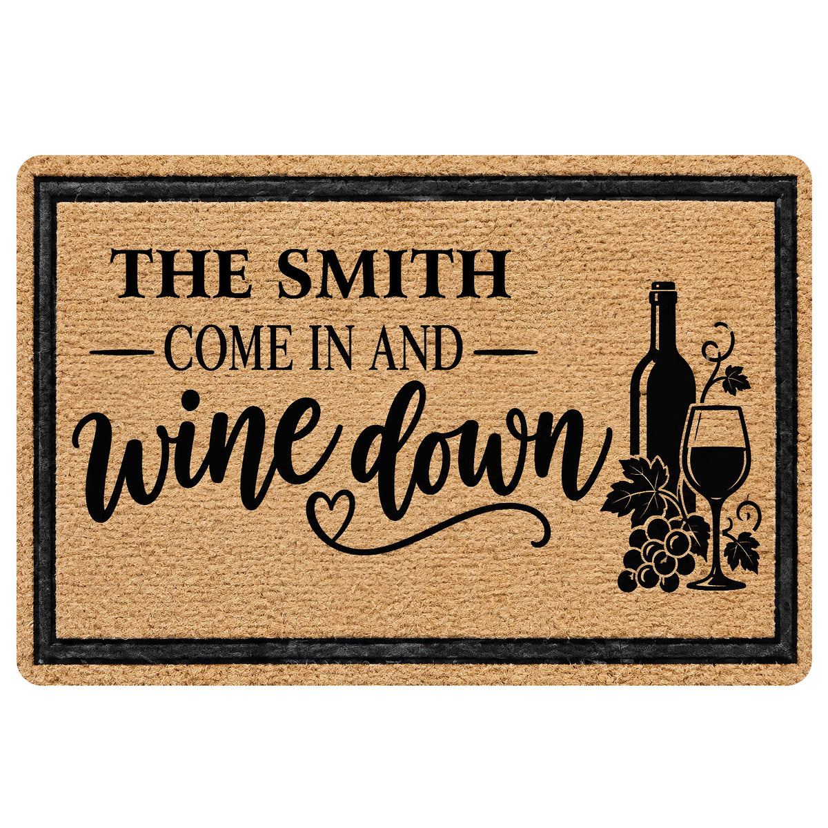 Wine-themed doormat with bottle, wine glass, grapes, and a welcoming script design