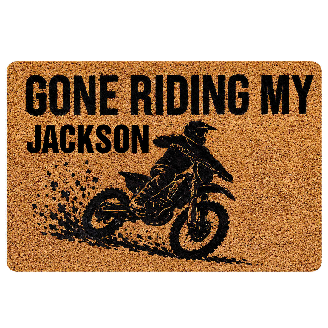Motocross doormat with a bold black dirt bike rider graphic and muddy splash artwork