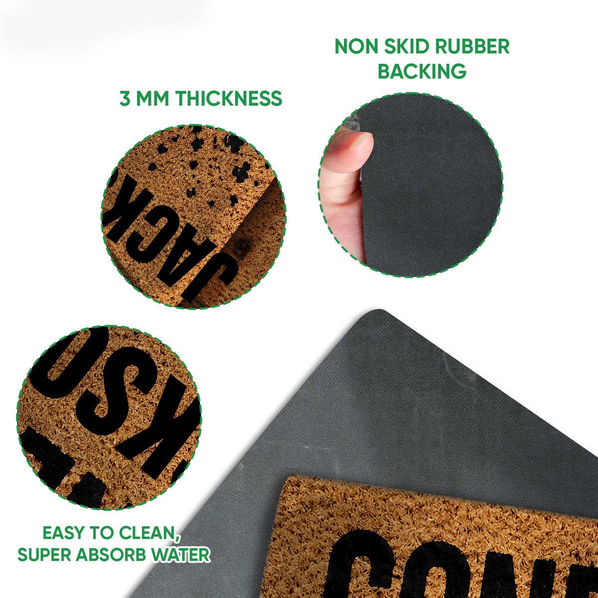 Motocross doormat feature view showing the printed surface, 3 mm thickness, and rubber backing