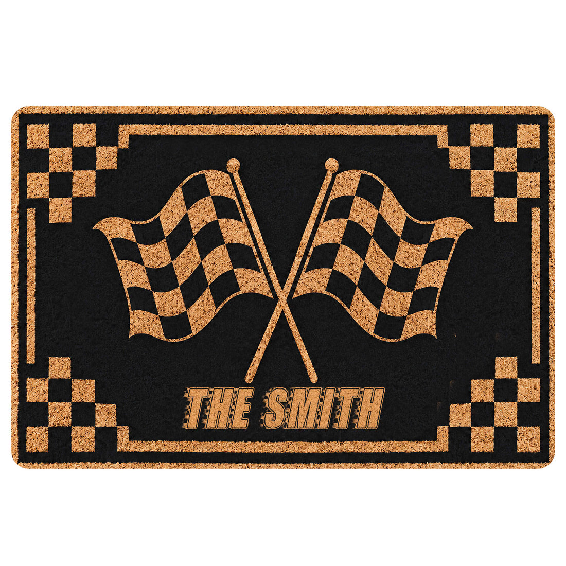 Black and gold motocross doormat featuring crossed checkered racing flags and a bold decorative border