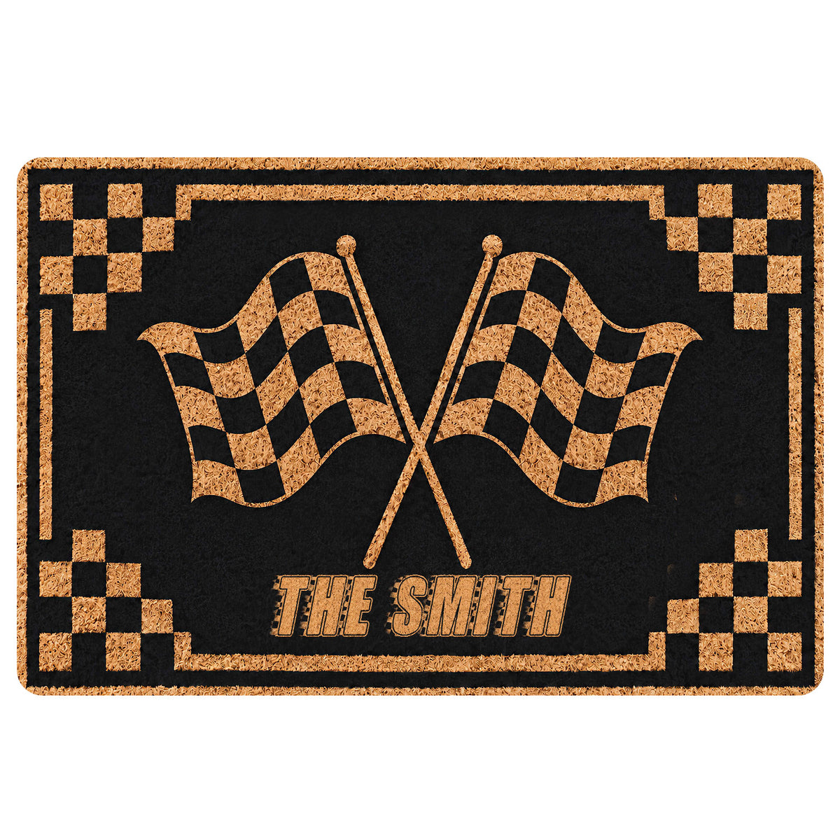 Black and gold motocross doormat featuring crossed checkered racing flags and a bold decorative border